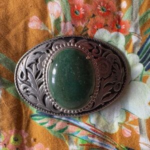🌿 Vintage Western Belt Buckle w/ Green Stone Cabochon